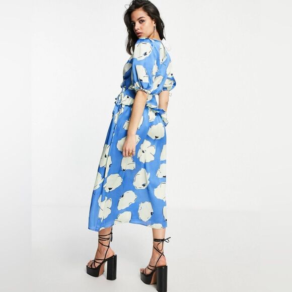 NWT Topshop blue splodge flower ruffle textured wrap midi Dress in Blue Size 6 - Picture 4 of 15